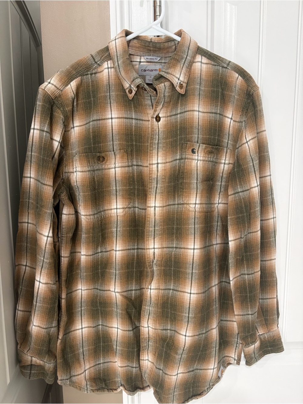 Carhartt Men’s Olive and Brown Plaid Button-Down Shirt
